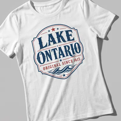 Vintage badge design featuring Lake Ontario and founding date in navy, red, and white. — printed on a women's shirt