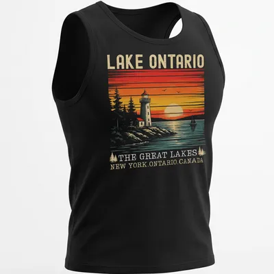 Retro vintage print of a lighthouse at sunset with text about Lake Ontario. — printed on a tank top
