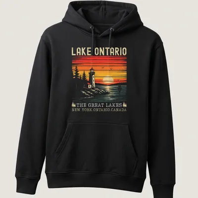 Retro vintage print of a lighthouse at sunset with text about Lake Ontario. — printed on a unisex hoodie