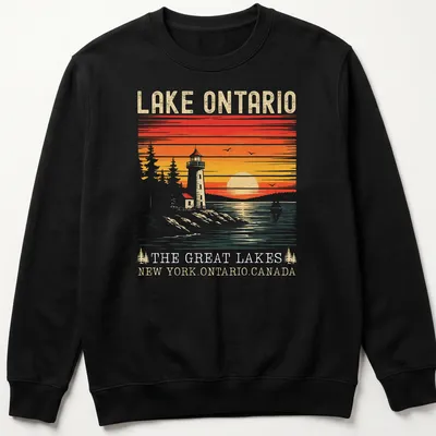 Retro vintage print of a lighthouse at sunset with text about Lake Ontario. — printed on a unisex sweatshirt
