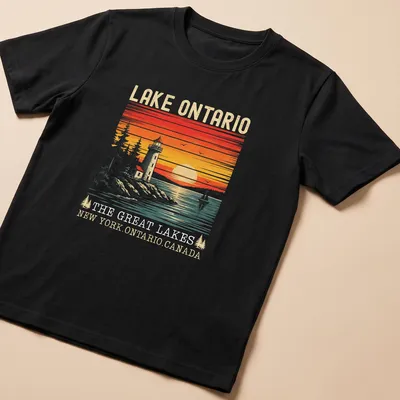 Retro vintage print of a lighthouse at sunset with text about Lake Ontario.