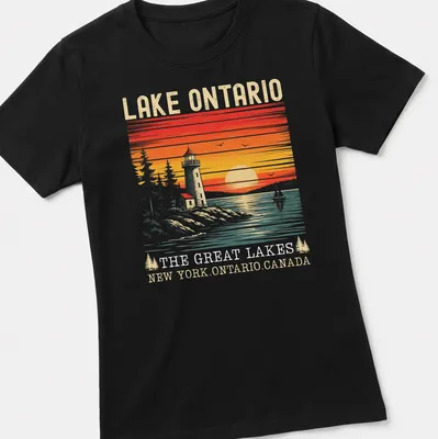 Retro vintage print of a lighthouse at sunset with text about Lake Ontario. — printed on a women's shirt