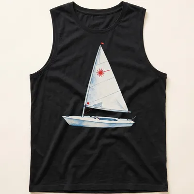 Watercolor print of a Laser sailing dinghy in light blue and red — printed on a tank top