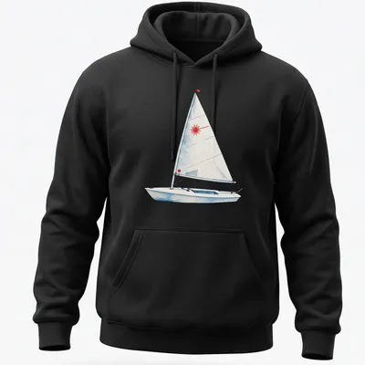 Watercolor print of a Laser sailing dinghy in light blue and red — printed on a unisex hoodie