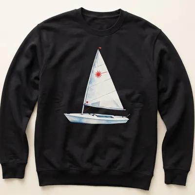 Watercolor print of a Laser sailing dinghy in light blue and red — printed on a unisex sweatshirt