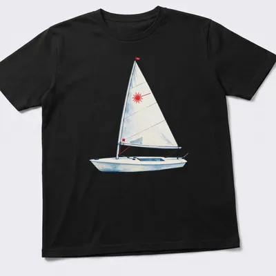 Watercolor print of a Laser sailing dinghy in light blue and red