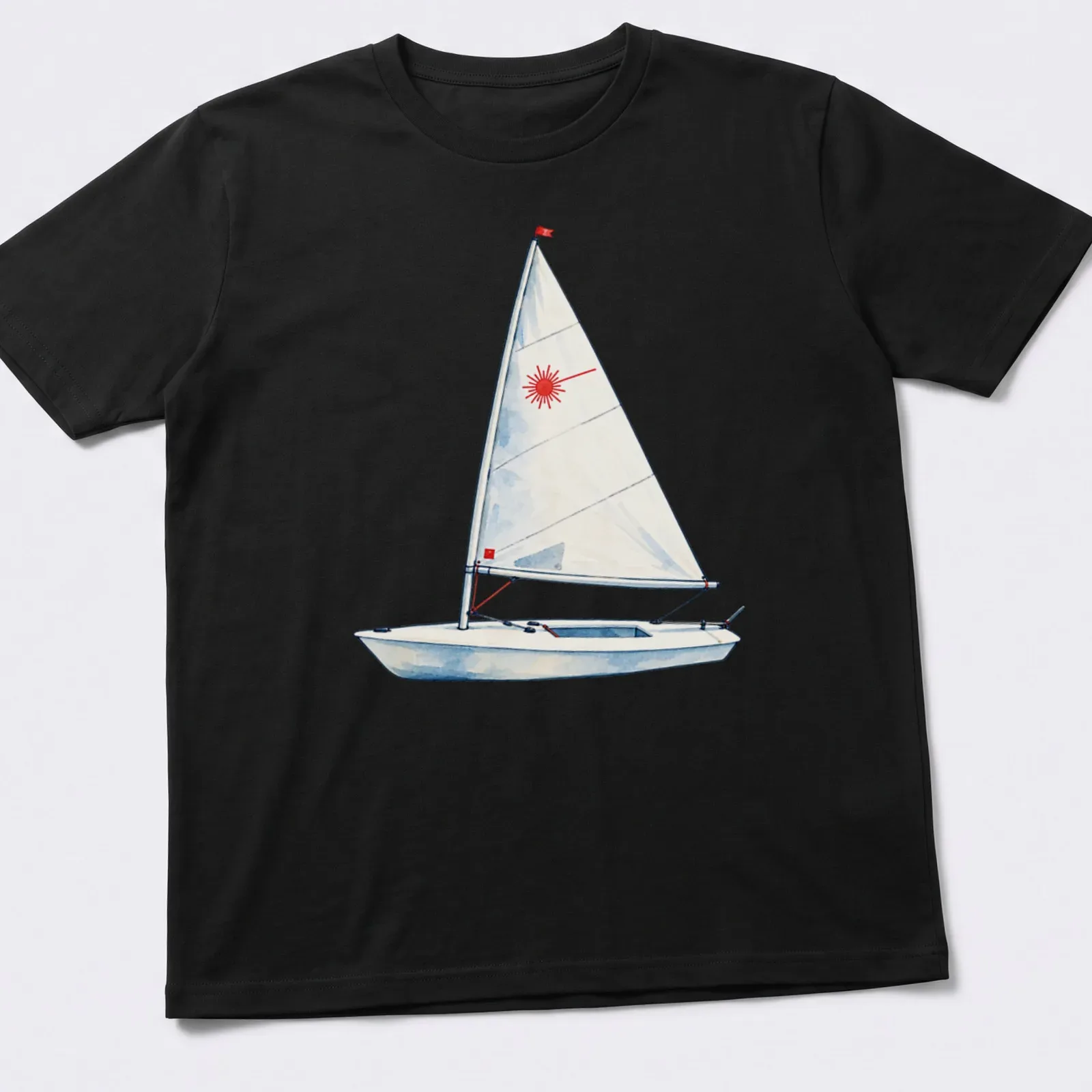 Watercolor print of a Laser sailing dinghy in light blue and red — printed on a unisex t-shirt
