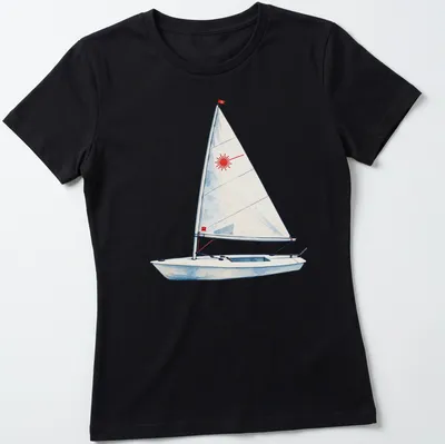 Watercolor print of a Laser sailing dinghy in light blue and red — printed on a women's shirt