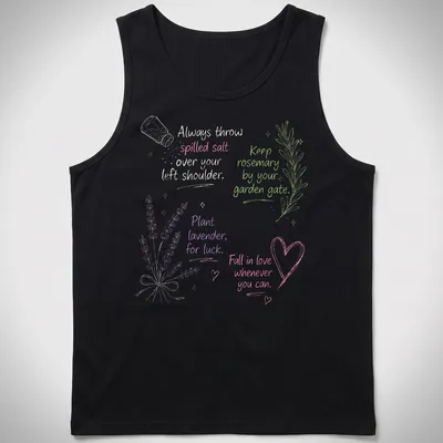 Folk art design featuring lavender, rosemary, and salt with whimsical text. — printed on a tank top