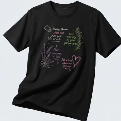 Folk art design featuring lavender, rosemary, and salt with whimsical text.