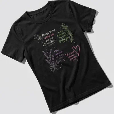 Folk art design featuring lavender, rosemary, and salt with whimsical text. — printed on a women's shirt