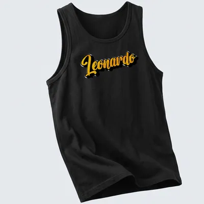 Stylized yellow script of the name Leonardo on a black — printed on a tank top