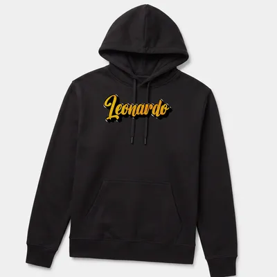 Stylized yellow script of the name Leonardo on a black — printed on a unisex hoodie