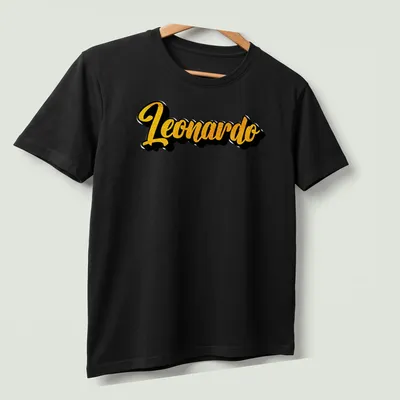 Stylized yellow script of the name Leonardo on a black — printed on a unisex t-shirt (angled view)