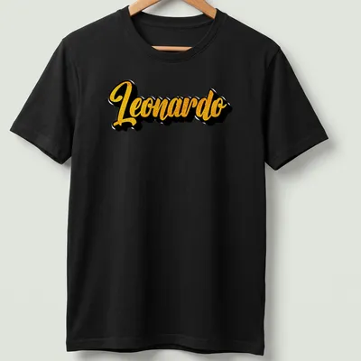 Stylized yellow script of the name Leonardo on a black shirt