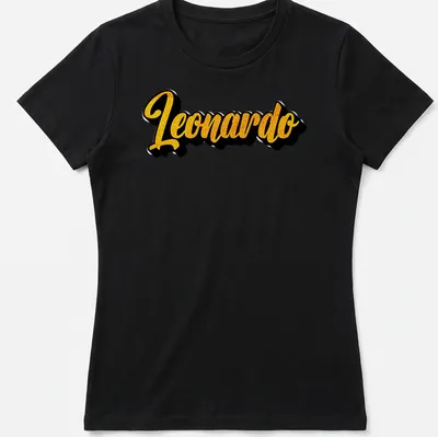 Stylized yellow script of the name Leonardo on a black — printed on a women's shirt