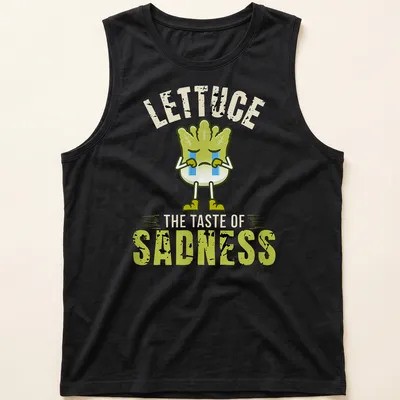 Vintage graphic tee featuring a whimsical lettuce character with humorous text. — printed on a tank top