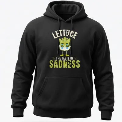 Vintage graphic tee featuring a whimsical lettuce character with humorous text. — printed on a unisex hoodie