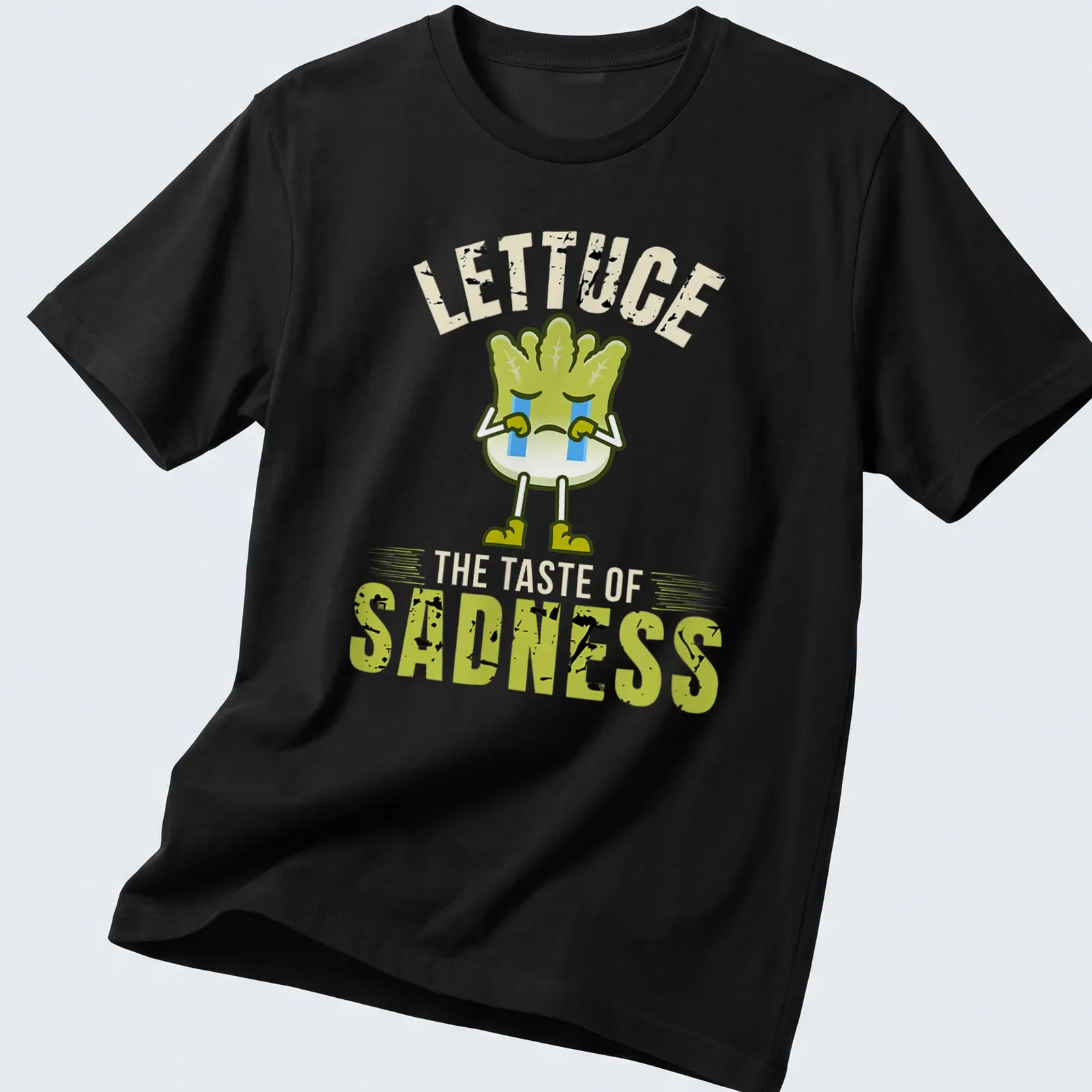 Vintage graphic tee featuring a whimsical lettuce character with humorous text. — printed on a unisex t-shirt