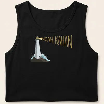 Cartoon lighthouse design with 'Noah Kahan' text in white, blue, and yellow — printed on a tank top