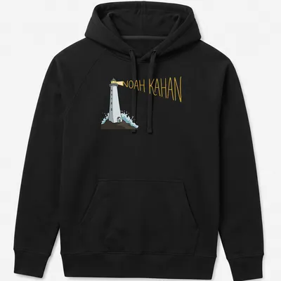 Cartoon lighthouse design with 'Noah Kahan' text in white, blue, and yellow — printed on a unisex hoodie