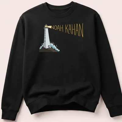 Cartoon lighthouse design with 'Noah Kahan' text in white, blue, and yellow — printed on a unisex sweatshirt