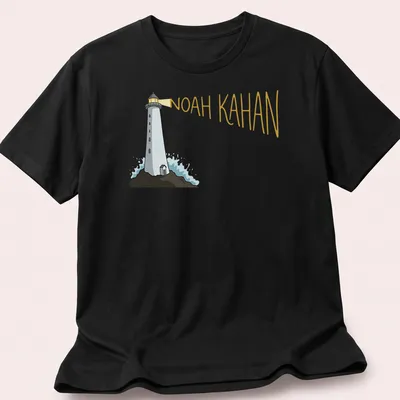 Cartoon lighthouse design with 'Noah Kahan' text in white, blue, and yellow