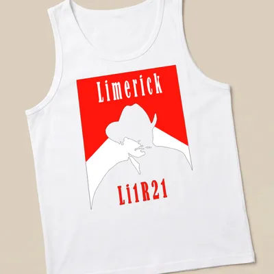 Minimalist cowboy silhouette in red and white with Limerick Li1R21 text — printed on a tank top