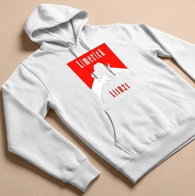 Minimalist cowboy silhouette in red and white with Limerick Li1R21 text — printed on a unisex hoodie