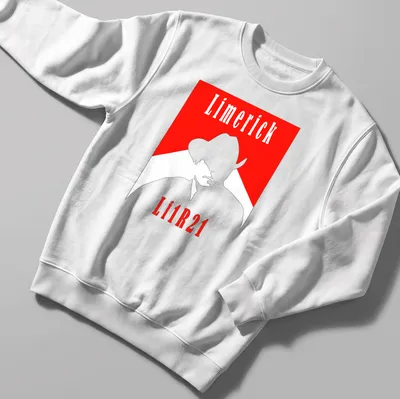Minimalist cowboy silhouette in red and white with Limerick Li1R21 text — printed on a unisex sweatshirt
