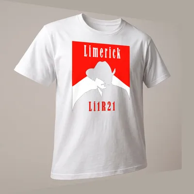 Minimalist cowboy silhouette in red and white with Limerick Li1R21 text — printed on a unisex t-shirt (angled view)