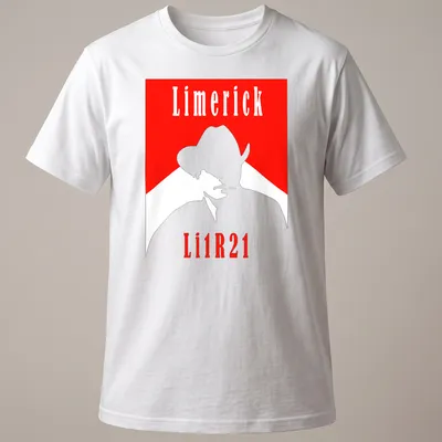 Minimalist cowboy silhouette in red and white with Limerick Li1R21 text