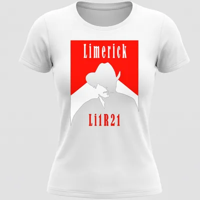 Minimalist cowboy silhouette in red and white with Limerick Li1R21 text — printed on a women's shirt