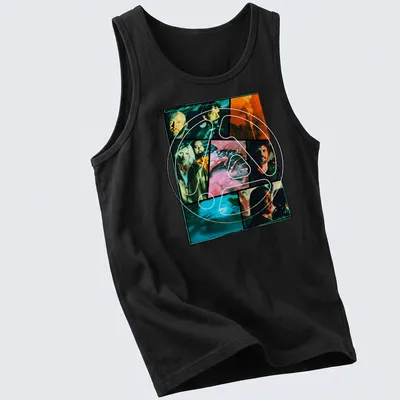 Collage of Linkin Park band members in black, orange, blue, pink, and white. — printed on a tank top