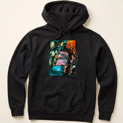 Collage of Linkin Park band members in black, orange, blue, pink, and white. — printed on a unisex hoodie