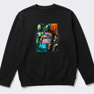 Collage of Linkin Park band members in black, orange, blue, pink, and white. — printed on a unisex sweatshirt