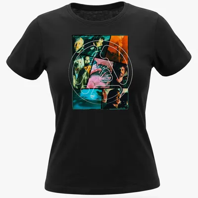 Collage of Linkin Park band members in black, orange, blue, pink, and white. — printed on a women's shirt