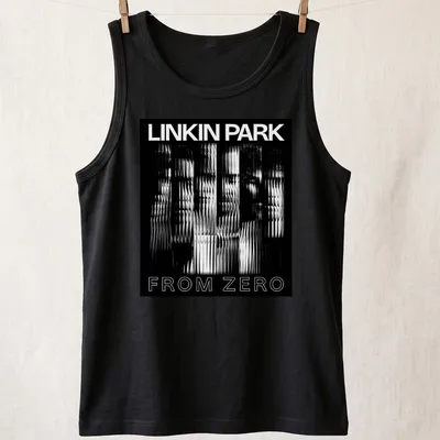 Distorted black and white graphic with 'Linkin Park From Zero' text — printed on a tank top