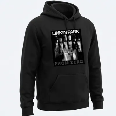 Distorted black and white graphic with 'Linkin Park From Zero' text — printed on a unisex hoodie