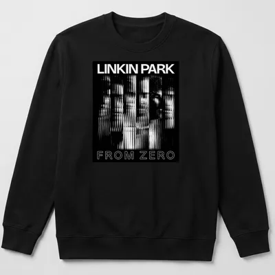 Distorted black and white graphic with 'Linkin Park From Zero' text — printed on a unisex sweatshirt
