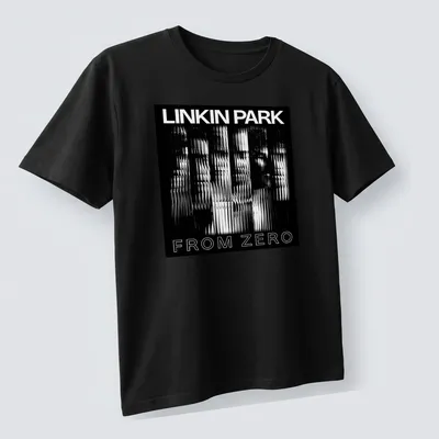 Distorted black and white graphic with 'Linkin Park From Zero' text — printed on a unisex t-shirt (angled view)