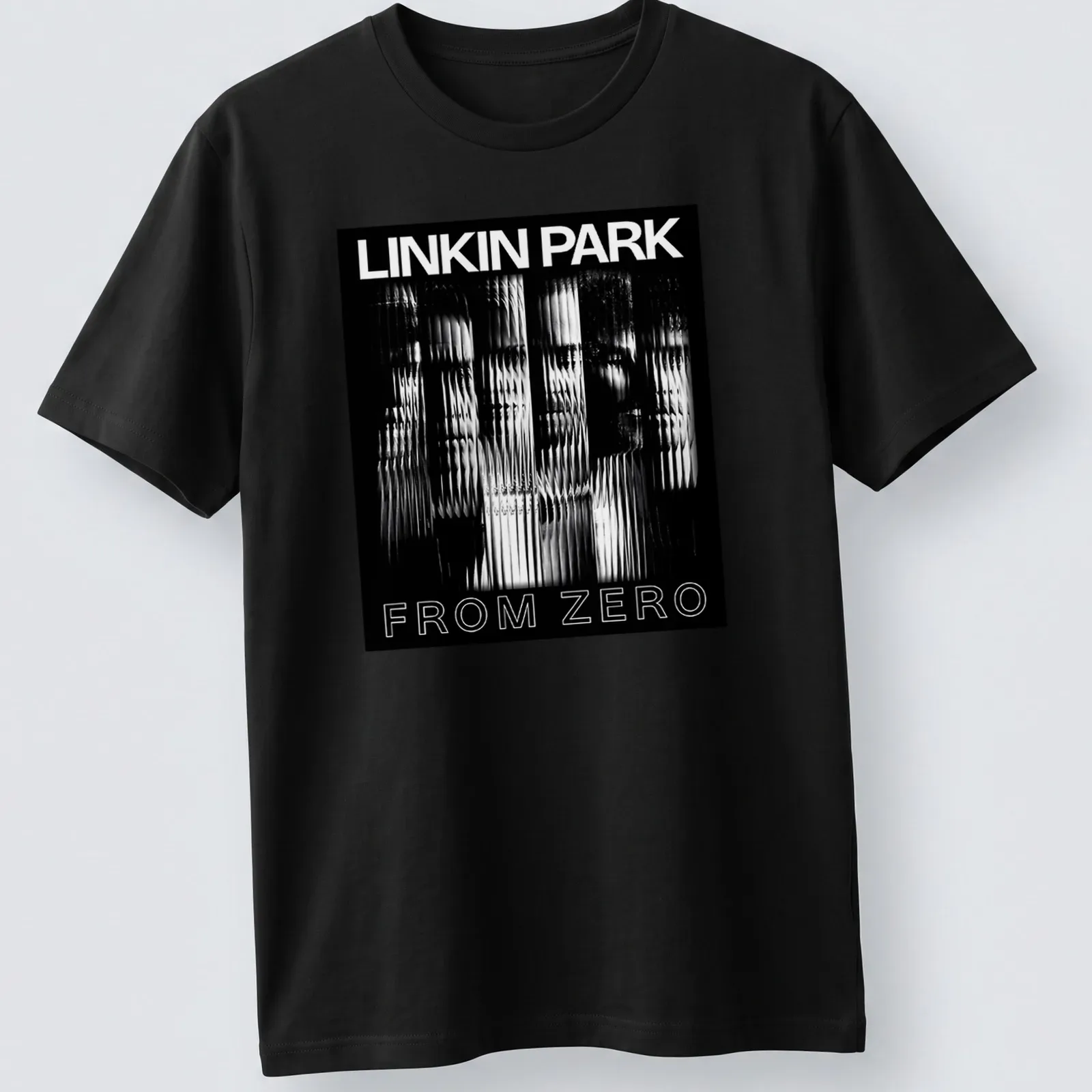 Distorted black and white graphic with 'Linkin Park From Zero' text — printed on a unisex t-shirt