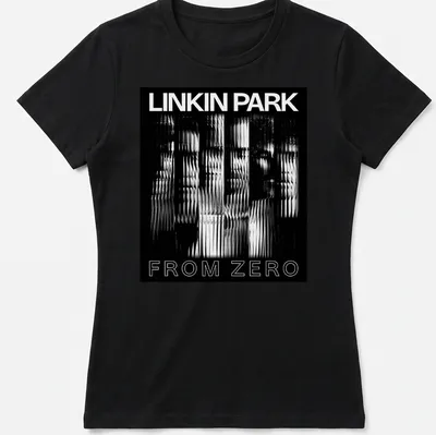 Distorted black and white graphic with 'Linkin Park From Zero' text — printed on a women's shirt