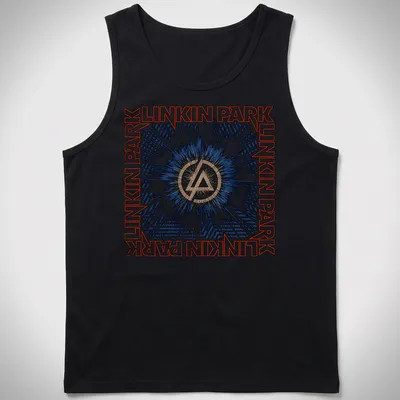 Linkin Park logo with a burst background in blue, black, white, and gold — printed on a tank top