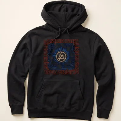 Linkin Park logo with a burst background in blue, black, white, and gold — printed on a unisex hoodie