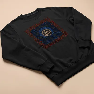 Linkin Park logo with a burst background in blue, black, white, and gold — printed on a unisex sweatshirt