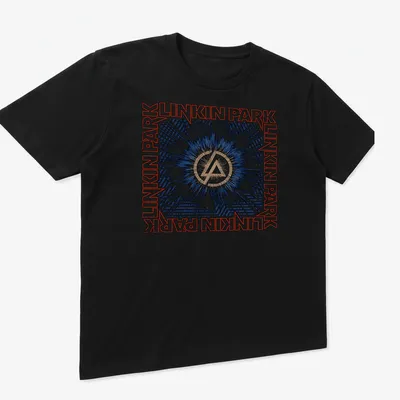 Linkin Park logo with a burst background in blue, black, white, and gold — printed on a unisex t-shirt (angled view)