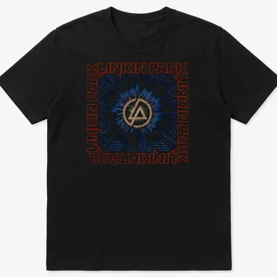 Linkin Park logo with a burst background in blue, black, white, and gold