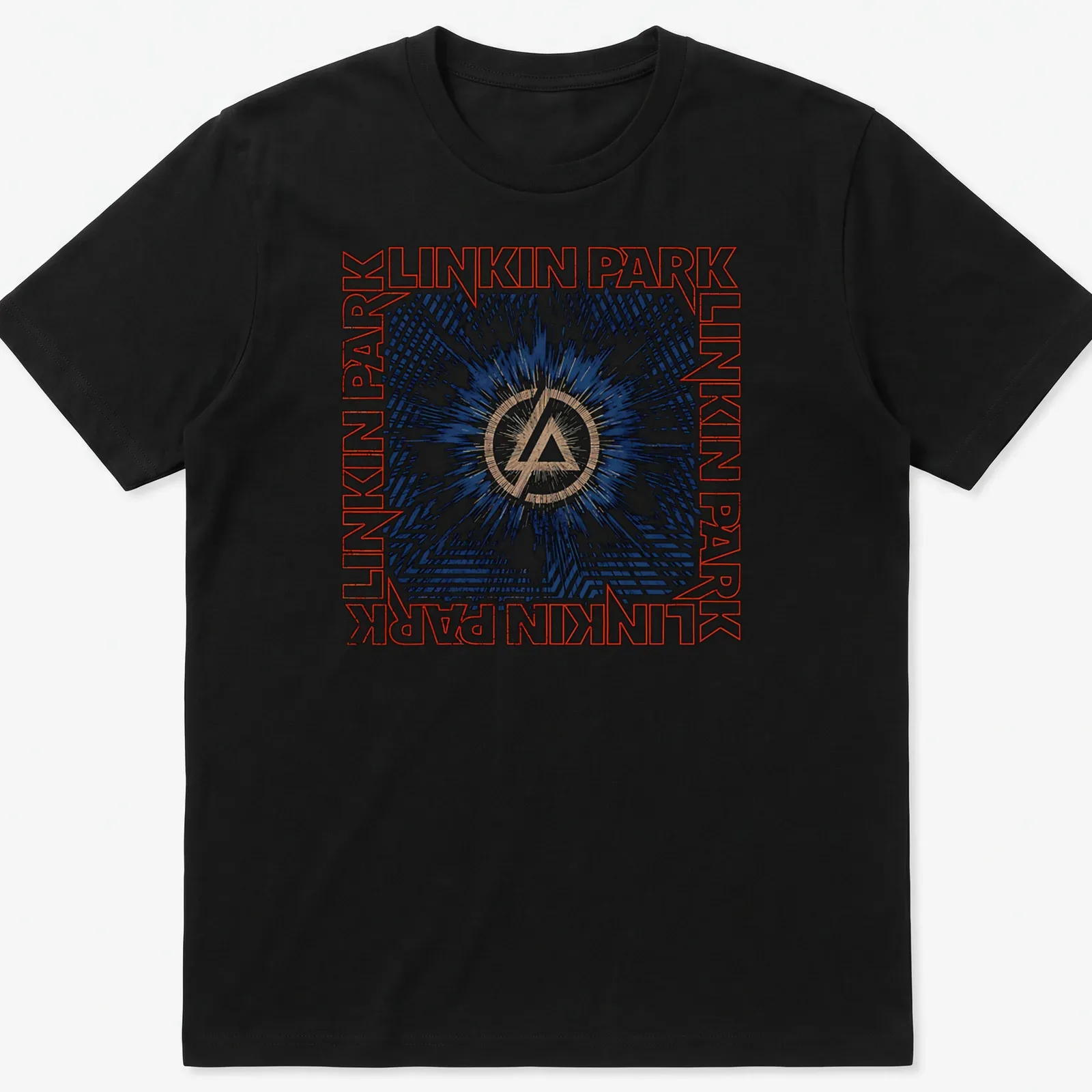 Linkin Park logo with a burst background in blue, black, white, and gold — printed on a unisex t-shirt