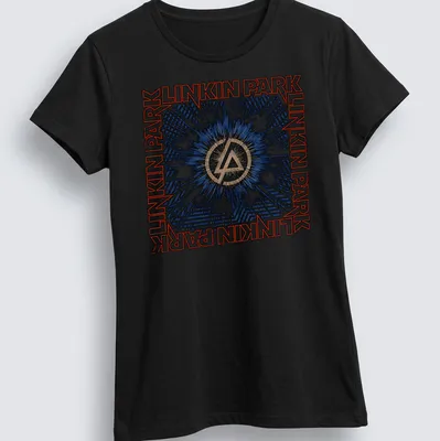 Linkin Park logo with a burst background in blue, black, white, and gold — printed on a women's shirt